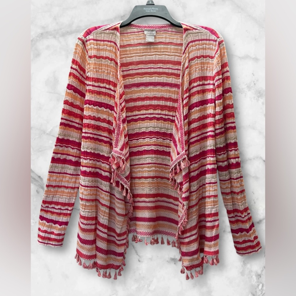 Chico’s Striped Pink White Fringed Open Front Cardigan Sweater Boho Size M - Picture 2 of 12